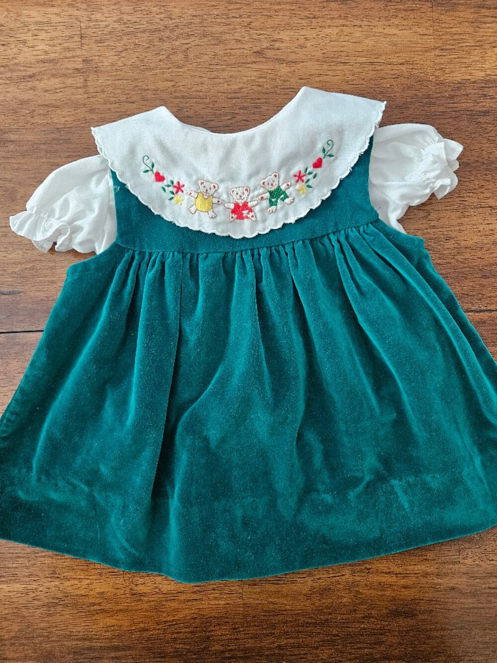 VTG Baby Togs Emerald Green Velvet Holiday Jumper Dress Embroidered Blouse 6-9M